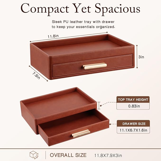 GORESE Leather Valet Tray with Drawer for Men, Nightstand Organizer, Brown | Vegan Leather, EDC Desk Organizer Tray for Jewelry Cologne Watch Wallet Key, Catchall Tray for Dresser Entryway Table Bedside - Image 3