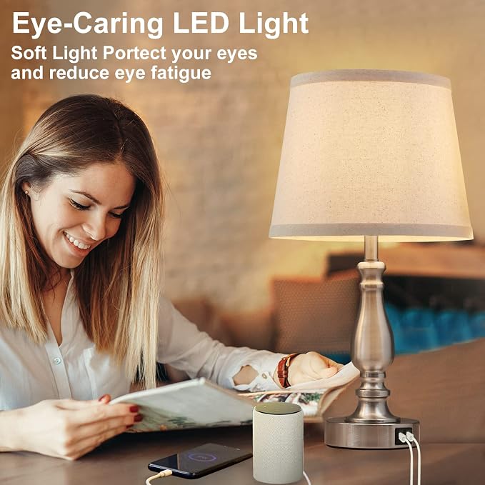 EJIAXIN Lamps for Bedrooms Set of 2, Brushed Nickel Bedside Lamps with USB C+A Ports,Dimmable Nightstand Lamps with Fabric Lampshade, Touch Table Lamp for Living Room Bedroom Office, Bulbs Included - Image 6