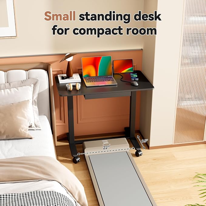 Mobile Standing Desk with Drawer, Height Adjustable, 35" Black | Small Rolling Desk & Table, Pneumatic Computer Sit Stand Workstation, Portable Laptop Cart w/ Hidden Wheels, Lockable Casters - Image 7