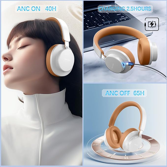 Over Ear Headphones Wireless Bluetooth, Noise Cancelling Headphones Bluetooth with Microphone, Cancelling Wireless Headphones Over Ear, 65h Playtime, Clear Calls, Comfort Fit For Travel (Grey Brown) - Image 2