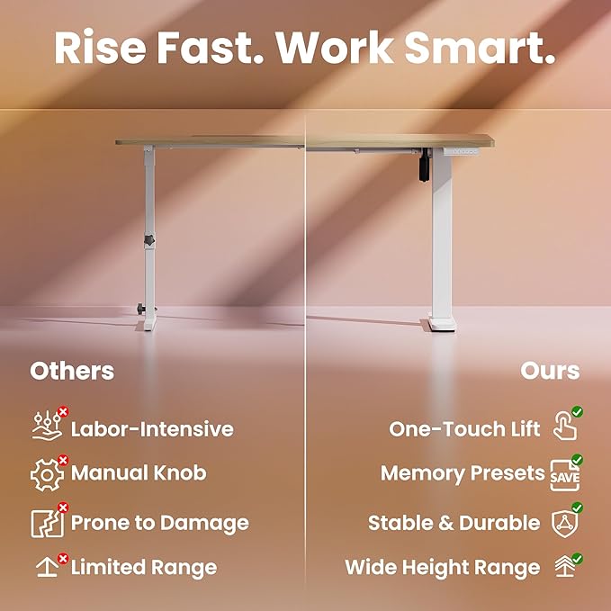 HUANUO 63x28 Inch Electric Standing Desk, Height Adjustable, Light Walnut | 176 Lbs Capacity, Smooth Home Office Desk, 4 Memory Presets & Headphone Hooks, 28.3–46.5 Inch Height Range, Easy to assemble - Image 6