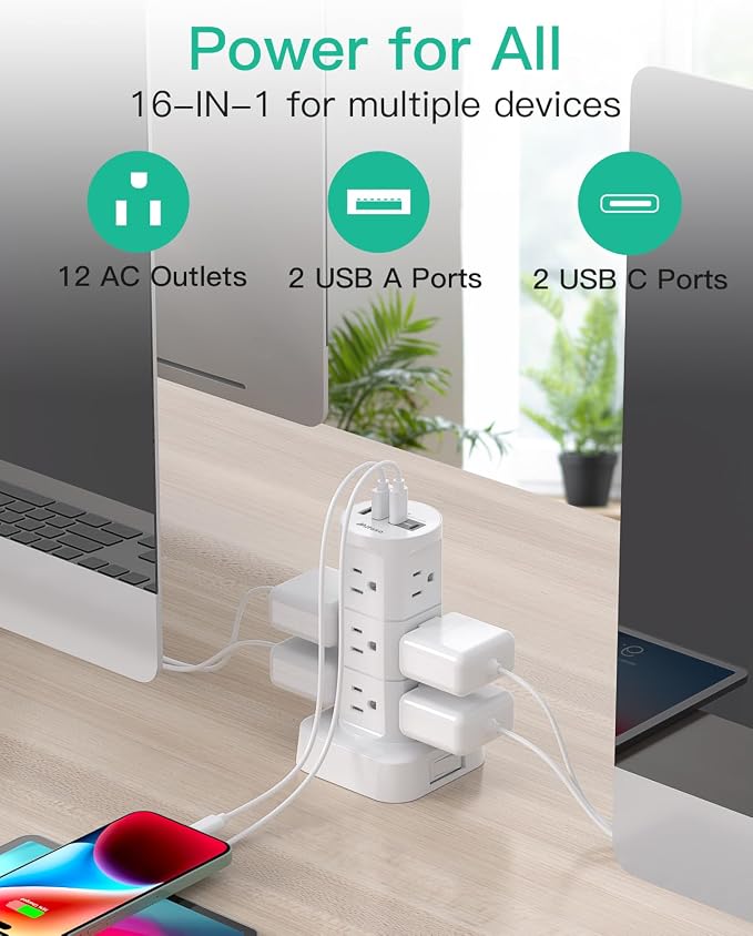 Power Strips with Surge Protection, Flat Plug Power Strip Tower | Charging Station 12 Outlets 4 USB Ports, 1080J 6Ft Extension Cord with Multiple Outlets, Office Supplies, Dorm Essentials - Image 7