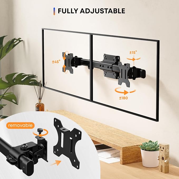 PUTORSEN Dual Monitor Wall Mount, Horizontal Assembly Mount for 2 Monitor Screens up to 27 inches,Max. 10kg, VESA 75x75/100x100mm - Image 4