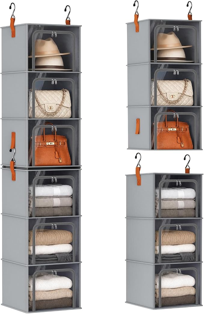 Homsorout 6-Tier Modular Hanging Closet Organizer Shelves, Grey | 3+3 Modular Design, Clear PVC Window, Front Opening, Oxford Fabric, Vertical Storage for Closet, Home, Nursery, Dorm by Homsorout