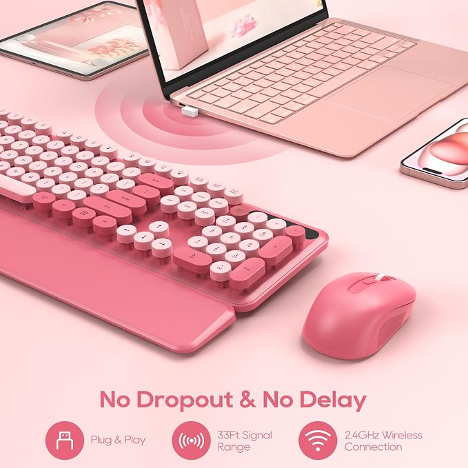 Wireless Keyboard and Mouse Combo, Round Keycaps, Magnetic Wrist Rest, Pink | Full-Size Retro Typewriter-Style Keyboard, Tilt Legs, Auto Sleep, 2.4GHz Cordless for MacOS, Windows PC, Laptop, SABLUTE CK23 - Image 7
