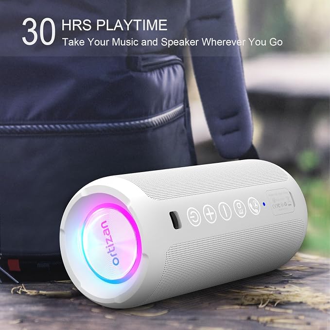 Ortizan Portable Bluetooth Speaker: IPX7 Waterproof, 24W Loud Sound, White | Deep Bass, Bluetooth 5.3, LED Lights, Wireless Stereo Pairing, 30H Playtime, for Home/Outdoor/Party/Beach, Birthday Gift - Image 4