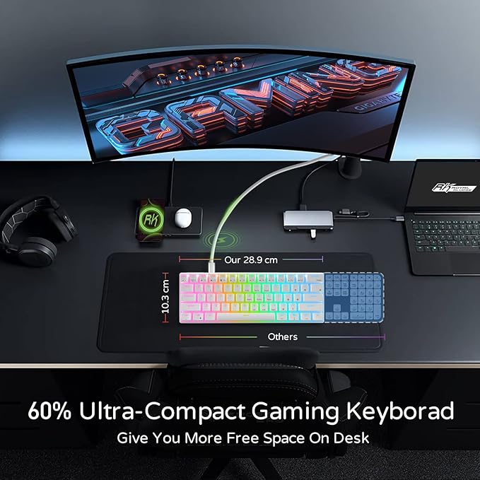 RK ROYAL KLUDGE RK61 Wired 60% Mechanical Gaming Keyboard, Compact PC Game Keyboards with QMK/VIA Programmable RGB Backlit, Hot Swappable Custom Keyboard for Win/Mac, Pre-lubed Red Switch, White - Image 6