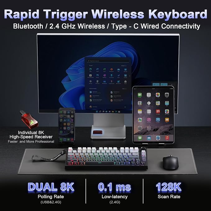 YUNZII RT75 PRO Dual 8K Wireless Keyboard(Gradient Black, Red Switch) | Hall Effect Magnetic Switches & 128KHz Scan Rate,BT/USB-C/2.4G, RGB, Hot-Swappable, CustomizableTGL/SOCD/DKS/MT for Gamers - Image 3