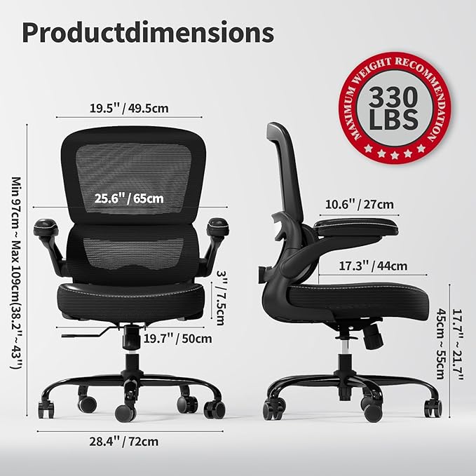 TRALT Ergonomic Office Chair Desk Chair with Adjustable Lumbar Support | Desk Chair Comfy with Flip-up Armrests Ergonomic Chair - Mesh Computer Chairs for Adults, 330lbs, PU Leather (Black, 6) - Image 2