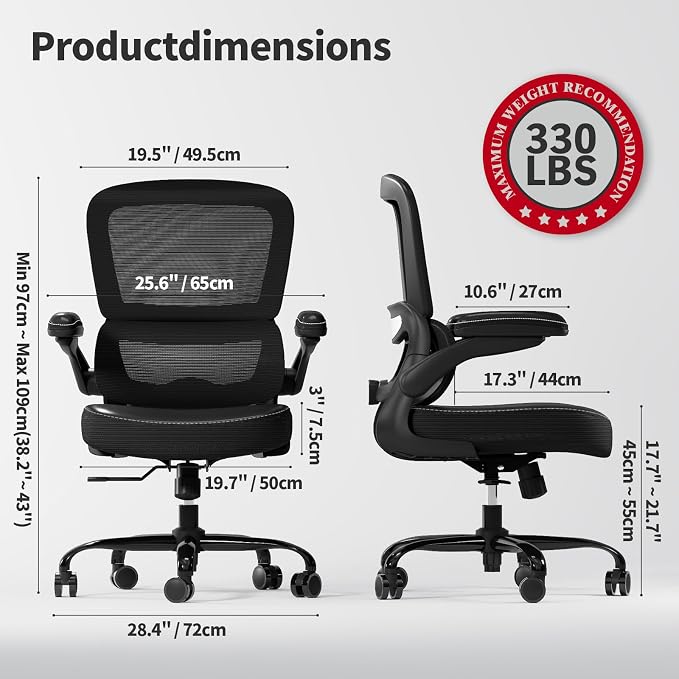 TRALT Ergonomic Office Chair Desk Chair with Adjustable Lumbar Support | Desk Chair Comfy with Flip-up Armrests Ergonomic Chair - Mesh Computer Chairs for Adults, 330lbs, PU Leather (Black, 8) - Image 2