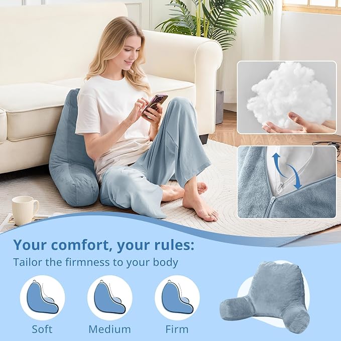 Sasttie Reading Pillow for Bed, Back Pillow for Sitting Up, Greyish Blue | 18" Backrest Support Cushion for Couch, Sofa, and Floor, Dorm Essentials, OEKO-TEX, Adjustable Down Alternative Fill - Image 3