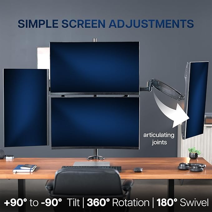 VIVO Quad Pneumatic Monitor Mount for 4 Screens up to 32 inches, Fully Adjustable, Heavy Duty Desk Stand with C-Clamp, Black, STAND-V400G - Image 4