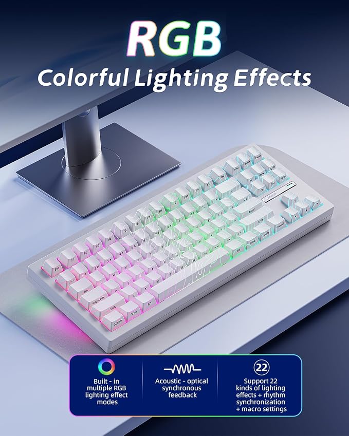 ZORNHER ZH870 Wireless Gaming Mechanical Keyboard,80% White Custom Creamy Sound Keyboard with Lighted Up White Topographic Keycaps,Creamy Sounding Linear Switches,Hot-Swappable,RGB Backlit - Image 4