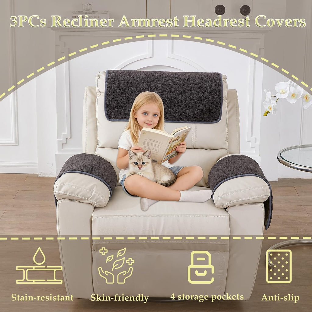 Armrest Covers for Recliner set of 3 Couch Arm Covers with Pockets for Sofa - Image 2