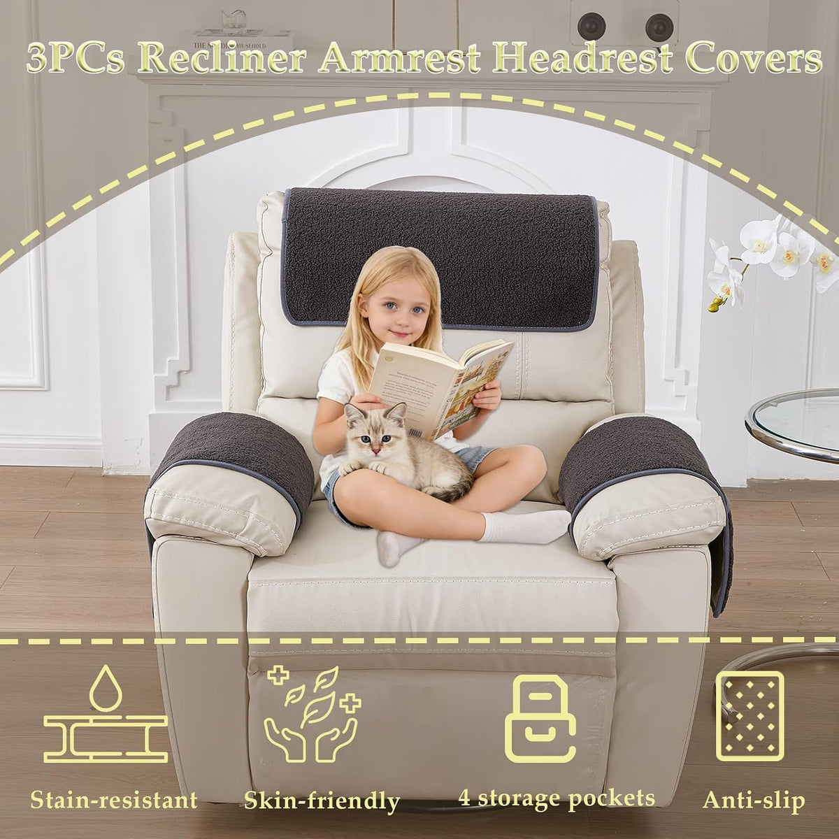 Armrest Covers for Recliner set of 3 Couch Arm Covers with Pockets for Sofa - Image 2