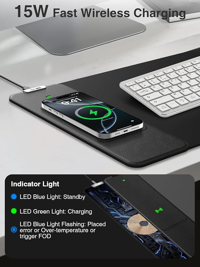 Wireless Charging Mouse Pad, 31.5"x11.8" Large Desk Mat, Smooth Glide | Waterproof Mousepad, Stitched Edge, Non-Slip Rubber Base, Desk Pad Computer Keyboard Mat, No Adapter - Image 3