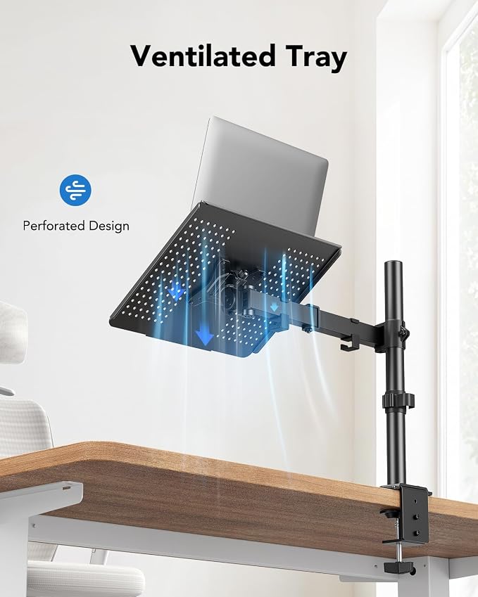 HUANUO Laptop Desk Mount - 17' to 32' Monitor Arm, Ventilated Tray, Fully Adjustable with Tilt, Swivel & Rotation, Holds up to 22 lbs - Image 7