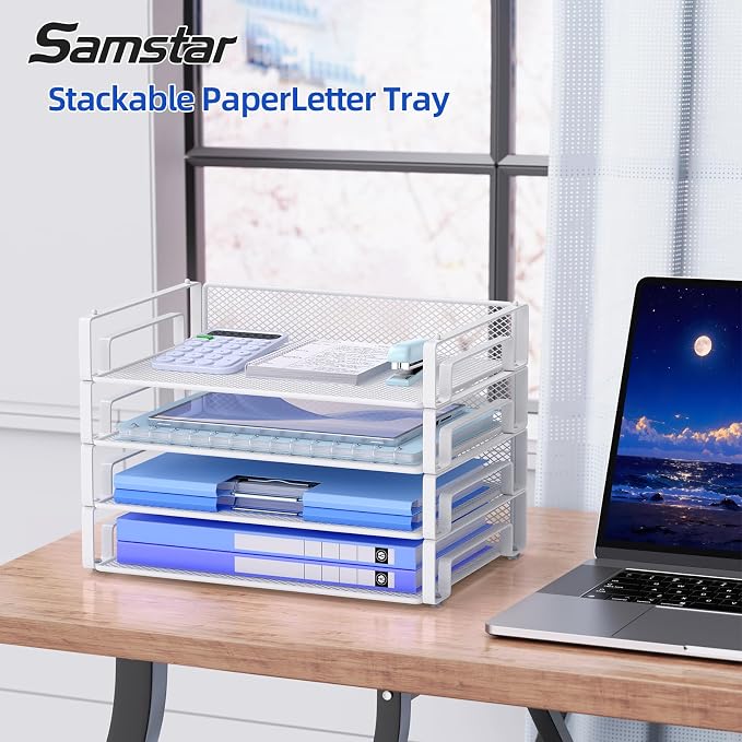 Samstar 4 Pack White Stackable Letter Paper Tray, Desk File Organizer Paper Sorter for Letter/A4 Size Folders Documents, Mesh Made,White - Image 3
