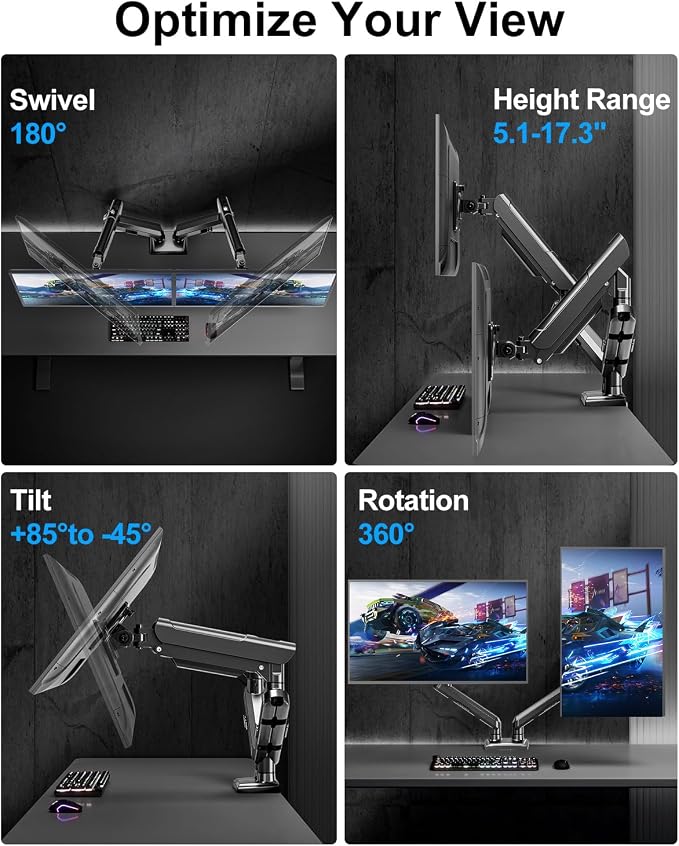 Dual Monitor Arm for 17-32" Computer Screens, Monitor Mounts 22lbs per Arm | Full Motion Monitor Desk Mounts for 2 Monitors, Gas Spring Desk Mount, VESA Mount, Freelift Pro - Image 5