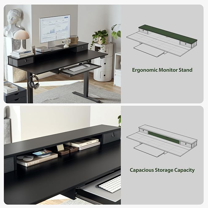 Agilestic 48 Inch Standing Desk with Drawers & Keyboard Tray, Black | Electric Height Adjustable, 2 Storage Drawer, Monitor Stand, Sturdy Steel Frame, Memory Presets, Hooks, 154 lbs, Splice Board - Image 6