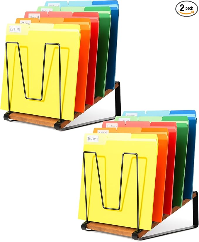 HULISEN 2 Pack Desk File Organizer, 5-Section Desktop File Folder Holder | Visible Tiered Design, Metal Rack with Wood Base, Vertical Storage for Binders Documents & Magazines, Classroom Office Use by HULISEN