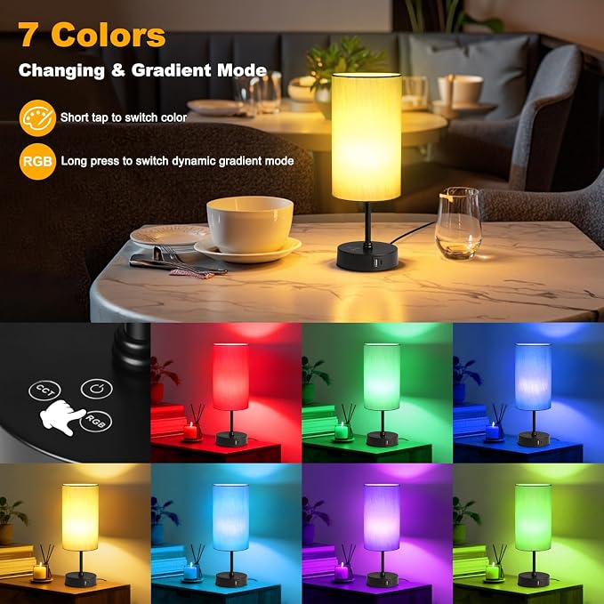 Table Lamp for Bedroom, 3 Color Temperatures, 7 RGB Colors, Adjustable Brightness, Dual USB Charging Ports, Ambience Nightstand Light with Grey Shade, Desk Lamp for Kids Reading Home Office - Image 3