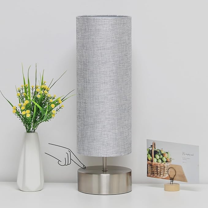 Bedside Touch Lamp, 3 Way Touch Control Table Lamp, Modern Nightstand Lamp | Silver Base with Gray Cylinder Shade, Simple Dimmable Night Light for Bedroom Living Room Kitchen, LED Bulb Included by Seasidevillage