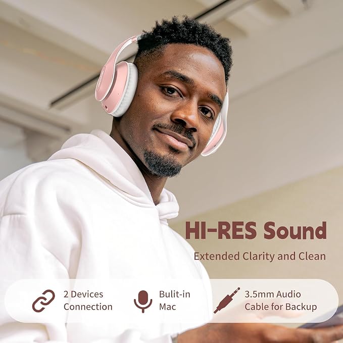Wireless Bluetooth Headphones Over Ear 65H Playtime HiFi Stereo Headset with Microphone and 6EQ Modes Foldable Bluetooth V5.3 Headphones for Travel Smartphone Computer Laptop Rose Gold | 65H Playtime 6EQ Modes Foldable Bluetooth Headset with Microphone... - Image 2