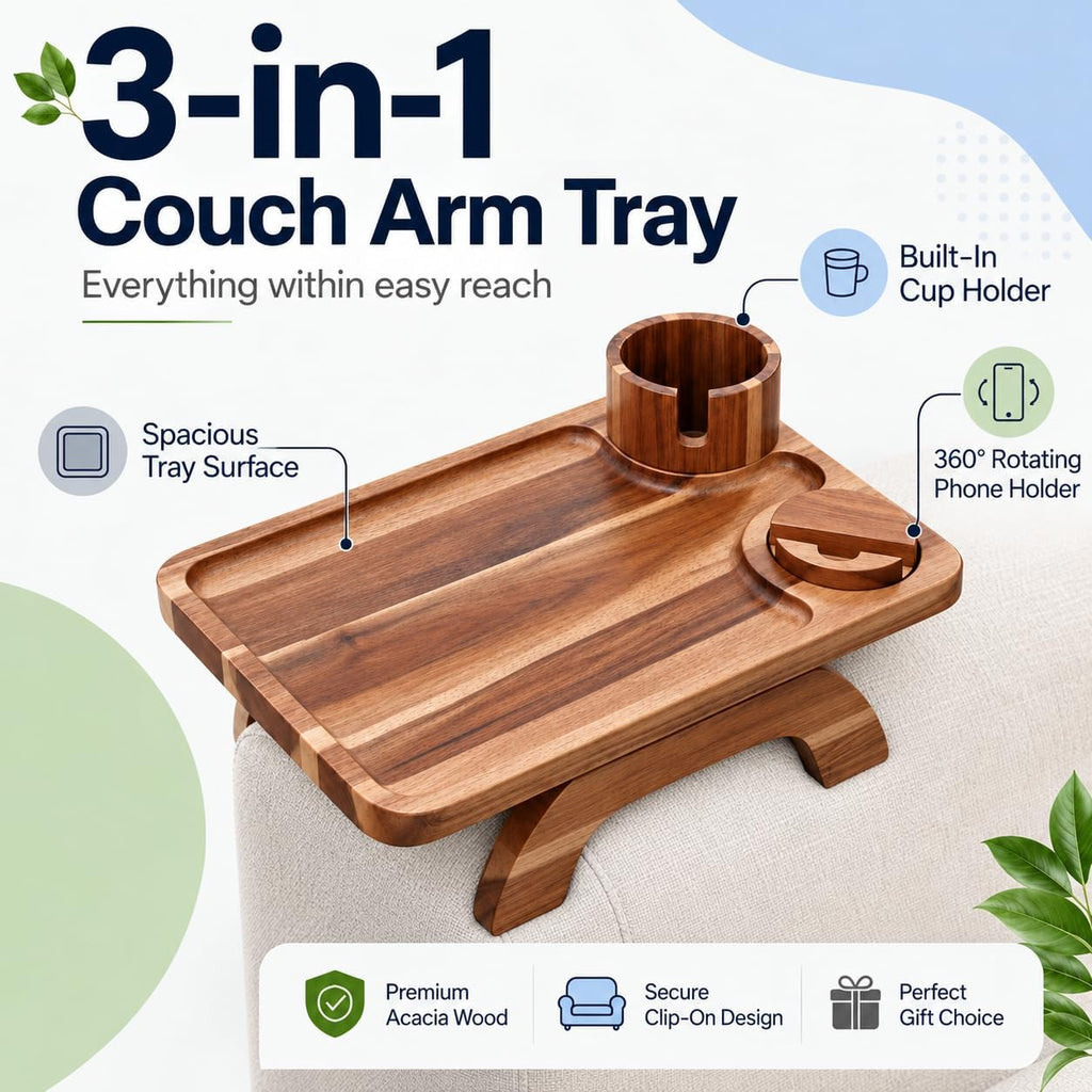Couch Cup Holder Tray, Large 3-in-1 Acacia Wood Sofa Arm Rest Tray with Cup Holder & 360° Rotating Phone Stand, 15.36 × 9.85 Inches - Image 3
