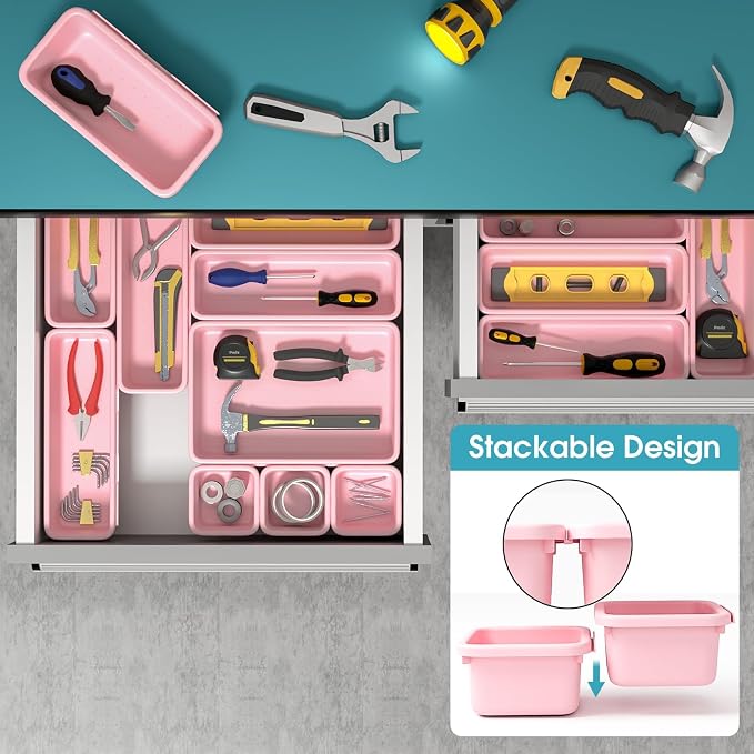 16 PCS Drawer Organizer Set, 4 Size Makeup Drawer Divider Organizer With Non-Slip Pads, Interlocking Plastic Storage Bins for Office,Jewelry Vanity,Gadgets, Bathroom,Kitchen, Pink - Image 5