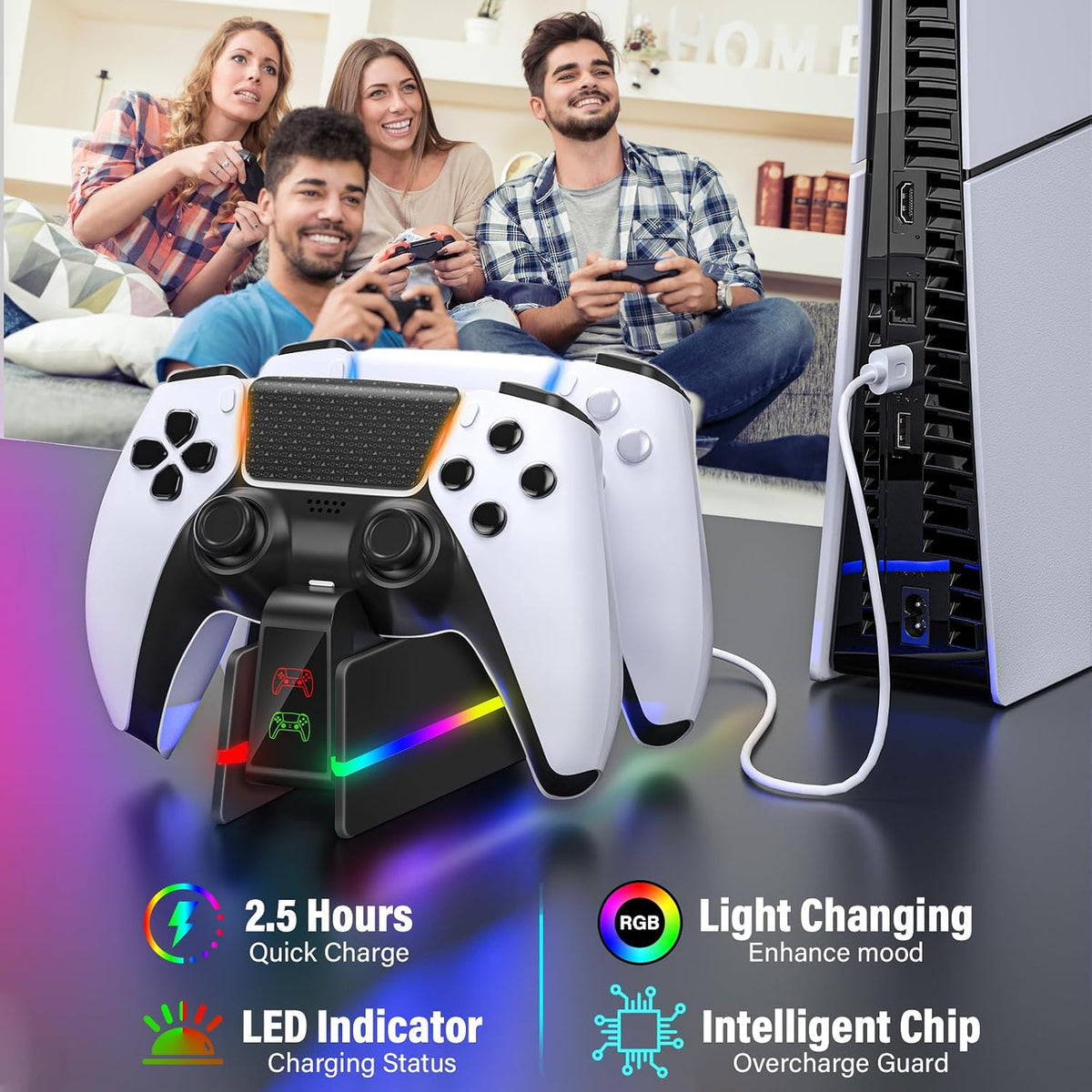 PS5-Controller-Charger-Station - Charging Station for PlayStation 5 Dualsense/Edge Controller with 9 Color Led Light, Fast Charging Dock & Holder Stand for PS5/Slim/Pro Remote - Whole Black - Image 4