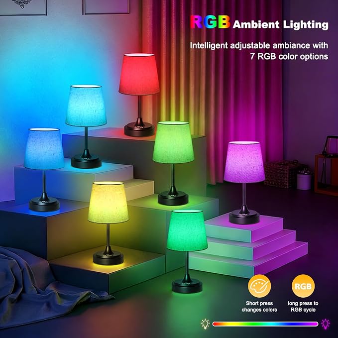 Wowag Small Cordless Table Lamp Rechargeable,5000mAh Battery Operated Desk Lamp,3 Colors & 7 RGB Stepless Dimmable,Touch Ambient Light for Bedside,Bedroom,Dining Room,Living Room,Black,FlaxenShade - Image 3