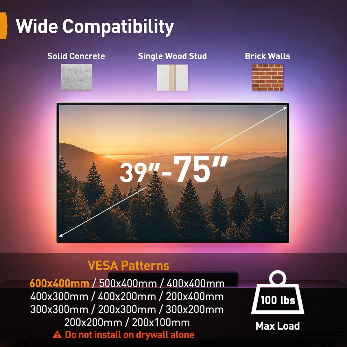 Perlegear Corner TV Wall Mount Long Arm with LED Backlight for 39-75" TVs - Image 2