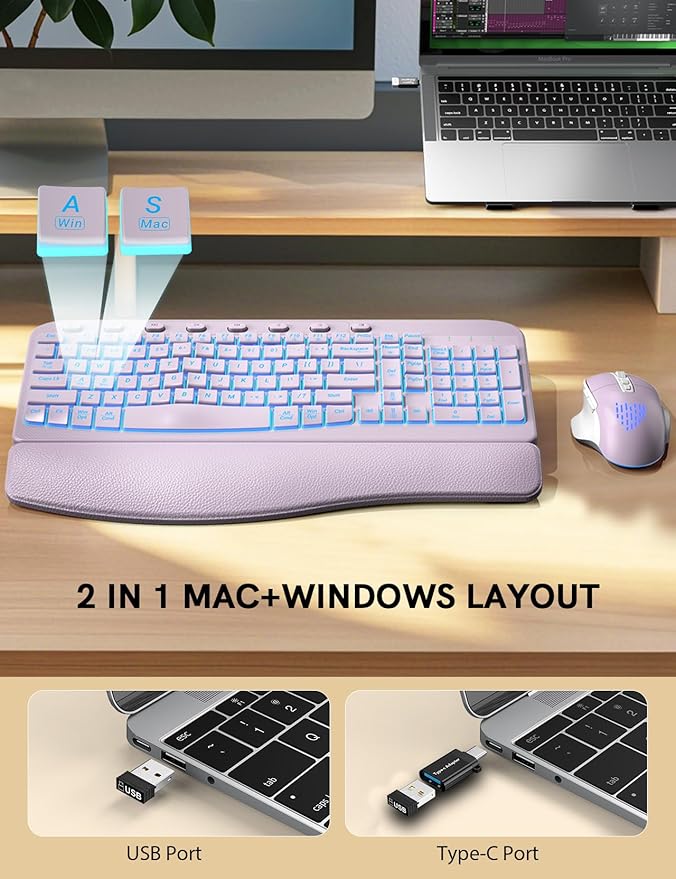 Wireless Keyboard and Mouse Combo, Ergonomic Wave with Wrist Rest | Rechargeable, Backlit Keys, Full Size, 2.4GHz USB Wireless, Leather Finish, MA12Pro Quiet Set for Windows, Mac, PC, Laptop - Image 5