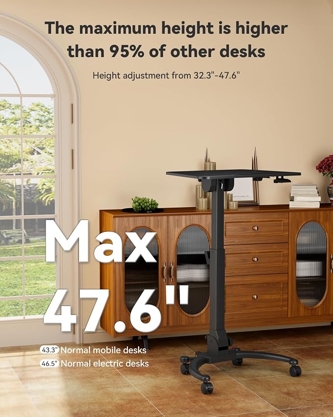 JOY worker Foldable Laptop Desk on Wheels, Adjustable Mobile Standing Desk | Max Height 47.6", 90° Tiltable Top & Base, Portable Height Adjustable Workstation with Lockable Casters, Holds 22lbs, Black - Image 6