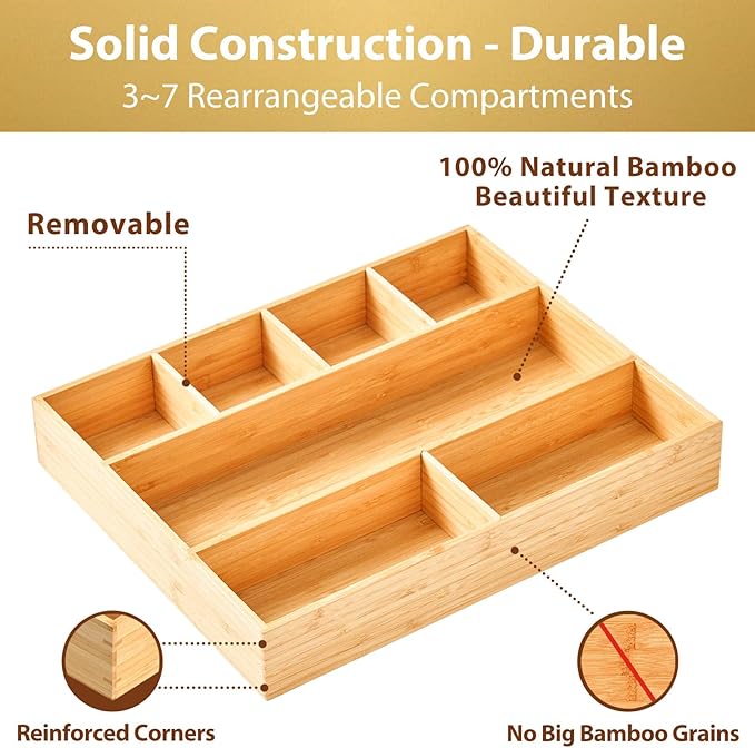 Large Bamboo Desk Drawer Organizer, Wood Office Junk Tray, 15"x12" | 2.4" Tall for Deep Drawer - Adjustable slots - Anti Slip Silicone Pads - Versatile Storage Box in Kitchen, Pantry - Image 5
