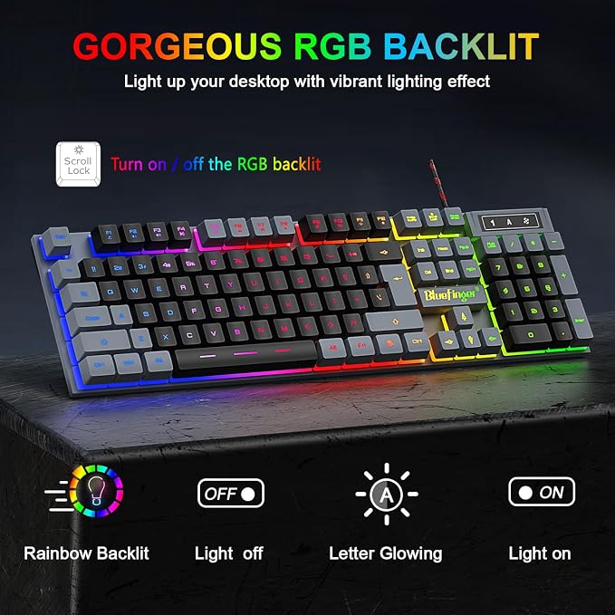 BlueFinger RGB Gaming Keyboard and Backlit Mouse Combo, USB Wired, LED Gaming Set for Laptop PC Computer Game and Work(Gray & Black) - Image 2