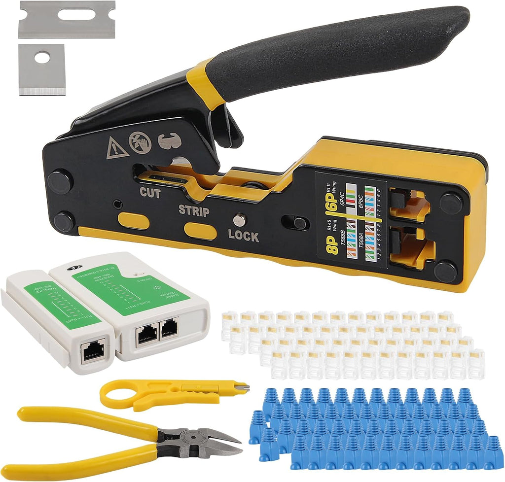 AITRIP Pass Through RJ45 Crimp Tool Kit Ethernet Crimper CAT5 Cat5e Cat6 Crimping Tool Kit with Network Cable Tester, 50PCS Cat6 Connectors, 50PCS Boots, Mini Cable Stripper by AITRIP