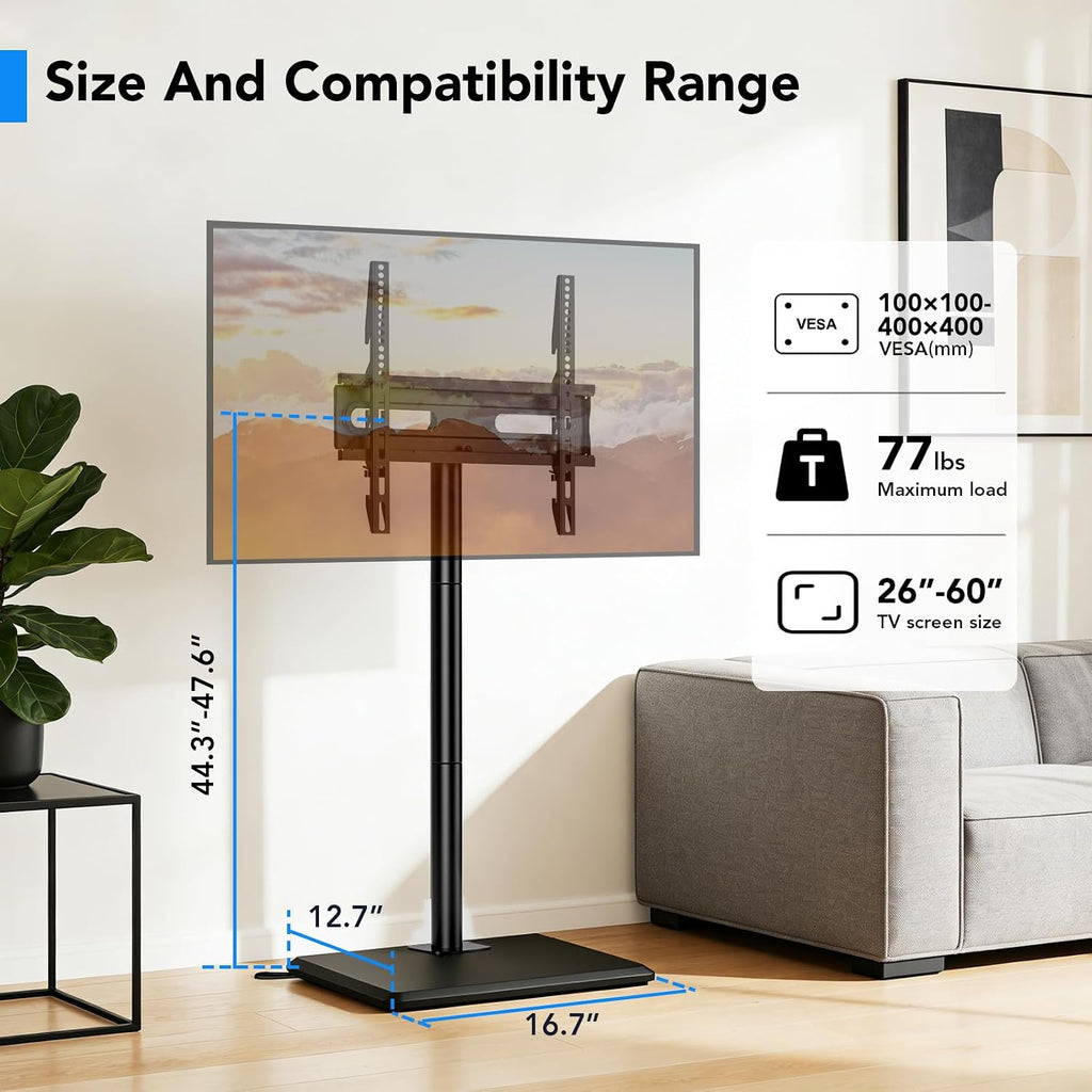 Floor TV Stand with Mount for 26-60 inch TVs up to 77 lbs, Height Adjustable/Swivel/Tilt Tall Standing TV Stand for Bedroom,Dorm, Living Room and Corner,Wood Base Saving Space Design,Black - Image 8