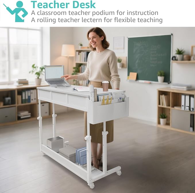 White Portable Rolling Computer Desk - 40 Inch Adjustable Mobile Standing Teacher Desks with 3 Fabric Drawers on Wheels, Couch Sofa Side Laptop Stand Up Table with Storage for Home Office, White - Image 4