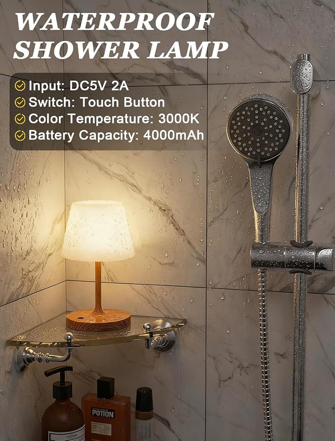 Shower Lamp IP54 Waterproof, Cordless Rechargeable Table Lamp, Outdoor Use | 4000mAh Battery Operated, Dimmable Touch Desk Light for Bathroom, Bathtub, Kitchen, Bedroom, Patio, Camping, Wood Grain 1Pack - Image 5