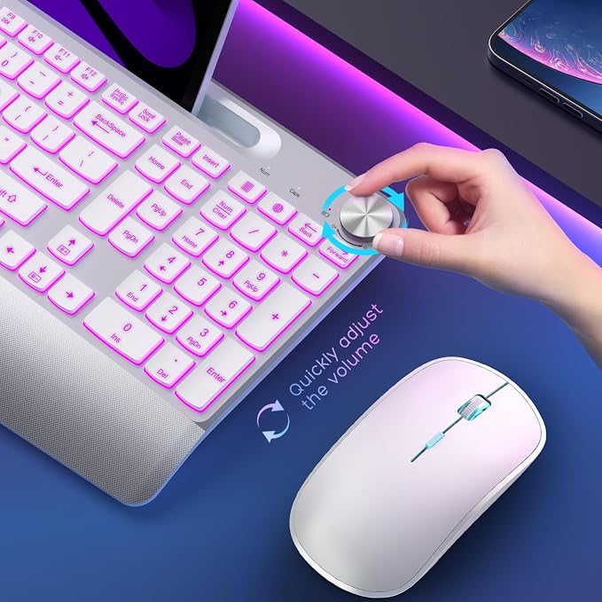 JOYACCESS Ergonomic Wireless Keyboard with Phone Holder,Rechargeable Backlt Wireless Keyboard Mouse Combo with Light Up Keys for for Laptop, PC, Mac, Windows-Silver White - Image 6