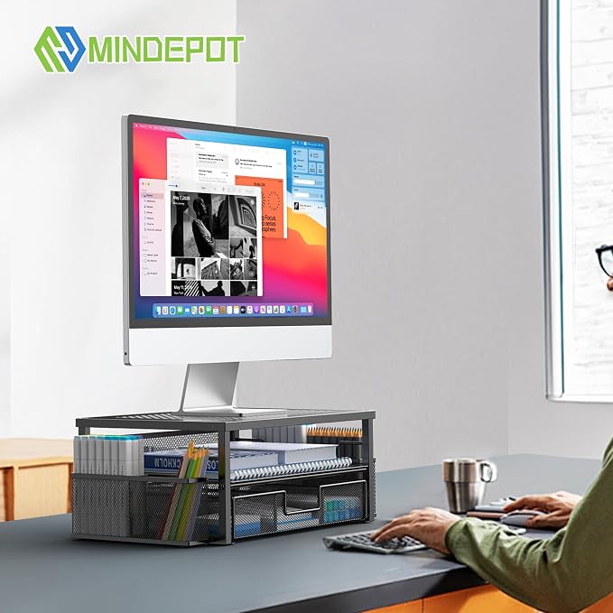MINDEPOT 2 Tier Computer Monitor Stands with Drawer and 2 Pencil Holder | Computer Monitor Stands with Drawer and 2 Pencil Holder - Image 4