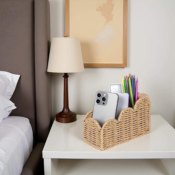 CubesLand Bedside Table Desk Organizer Caddy, Remote Pen&Pencil Holder Cup | Makeup Brush Holder w/Scalloped Perfect for Home, Office Desk, Living Room Table Decor, 3 Slots Beige - Image 2