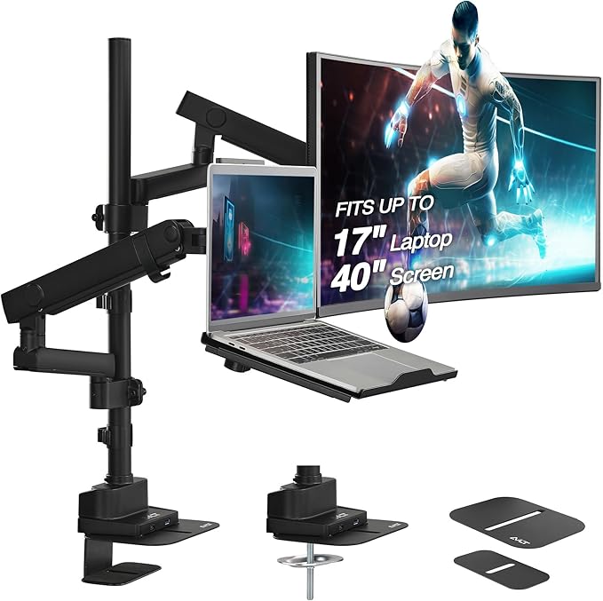 AVLT Laptop & Monitor Arm Pole Top Mount for 17-40" Screens - Black | Supports flat/curved/ultrawide screens up to 26.4 lbs each. Includes 12-17" laptop tray, 38.9" lift and USB-C/A ports. by AVLT-USA