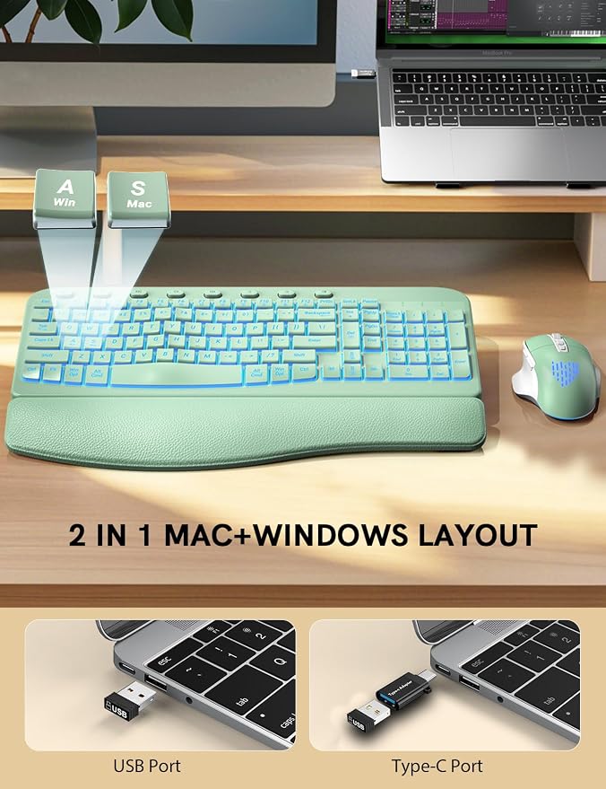 Wireless Keyboard and Mouse Combo, Ergonomic Wave with Wrist Rest | Rechargeable, Backlit Keys, Full Size, 2.4GHz USB Wireless, Leather Finish, MA12Pro Quiet Set for Windows, Mac, PC, Laptop - Image 5