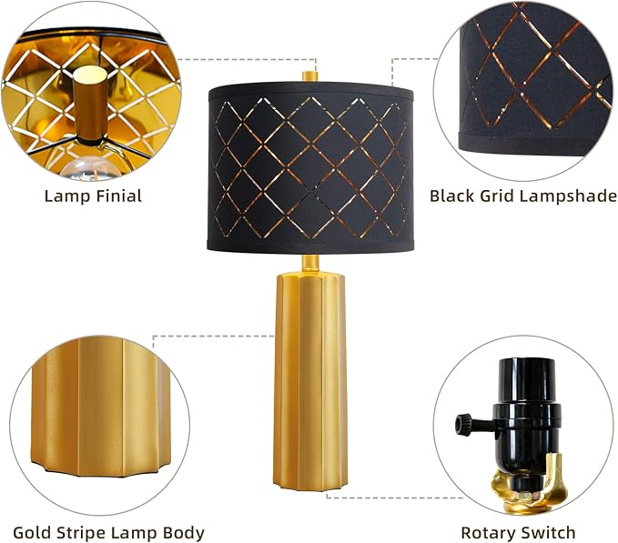 Set of 2 Modern Table Lamps for Living Room Bedroom, Gold Nightstand Resin Lamps with Black Grid Shade, Contemporary Desk Lamps for Bedside End Tables, 2 Bulbs Included (Gold) - Image 5