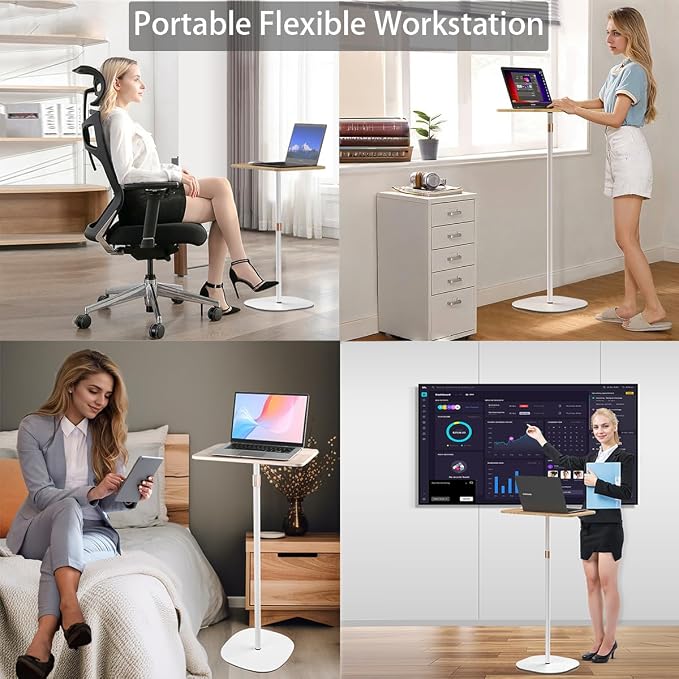 Small Laptop Standing Desk, 18“H - 46”H Adjustable Height Pedestal Side Table with Wooden Top, Portable Tall End Table, Stand-Up Desk for Bedside, Couch, Sofa, Living Room, Bedroom, Home Office, White - Image 4