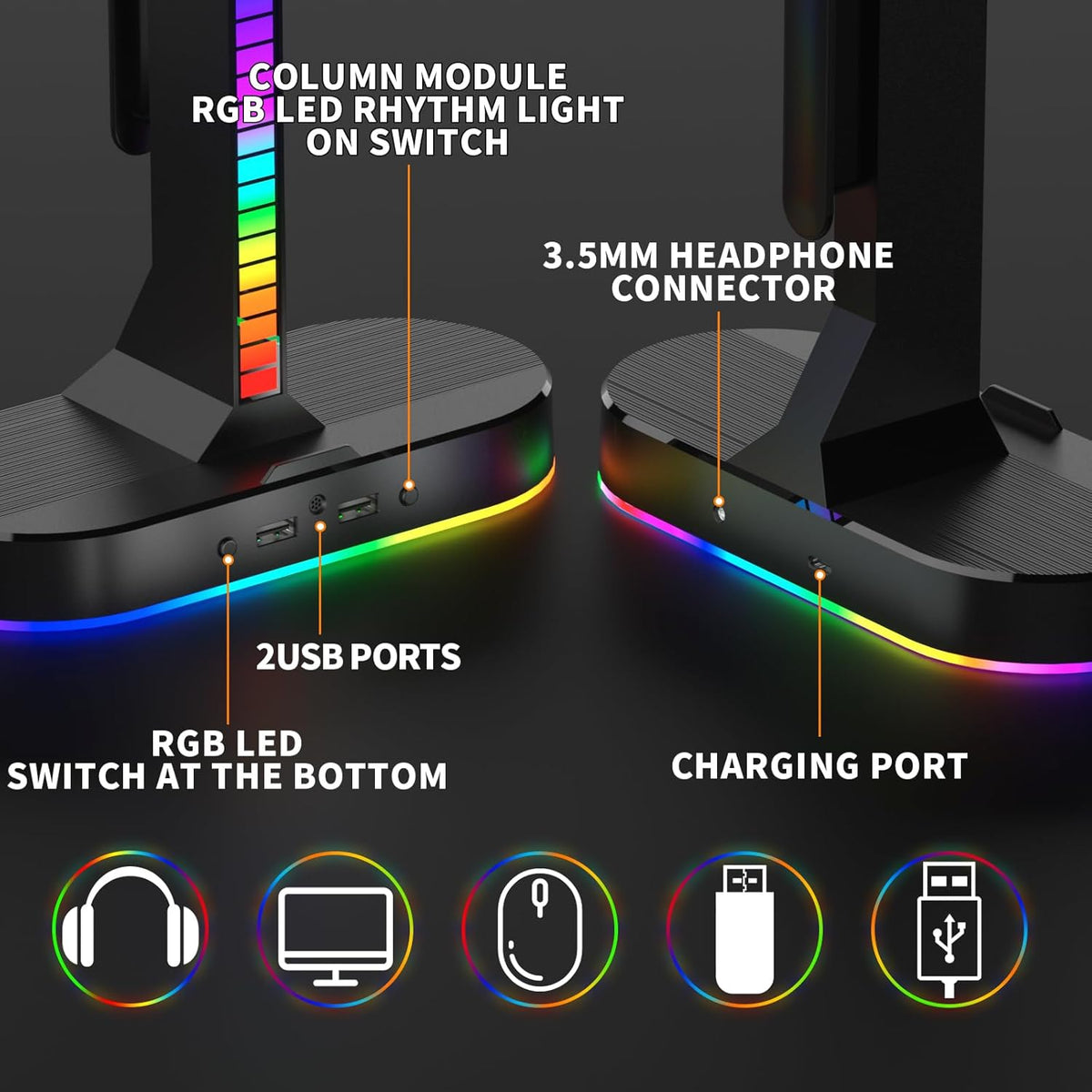 Dual Headphones Stand with Charger for Men, Headset Holder Stand for Desk - Image 2