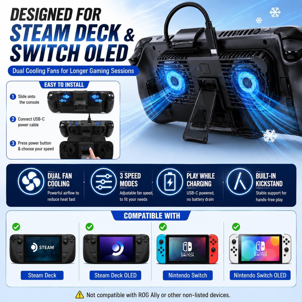 Steam Deck Cooling Fan with Stand, Dual Fan Cooler for Steam Deck, Adjustable Speed USB-Powered Cooler with Blue LED, Portable Cooling Stand for Handheld Gaming - Image 3